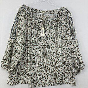 New Max Studio 2X Blue Brown‎ Ditsy Floral Ruffle Cold Shoulder Cottagecore Top